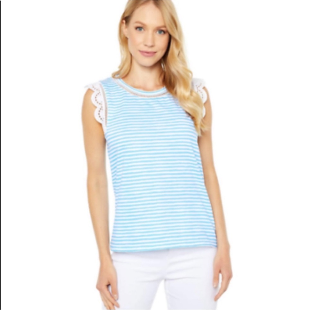 Lilly Pulitzer Zanzibar Blue Beach Happy Stripe Agee Top Shirt Tank L